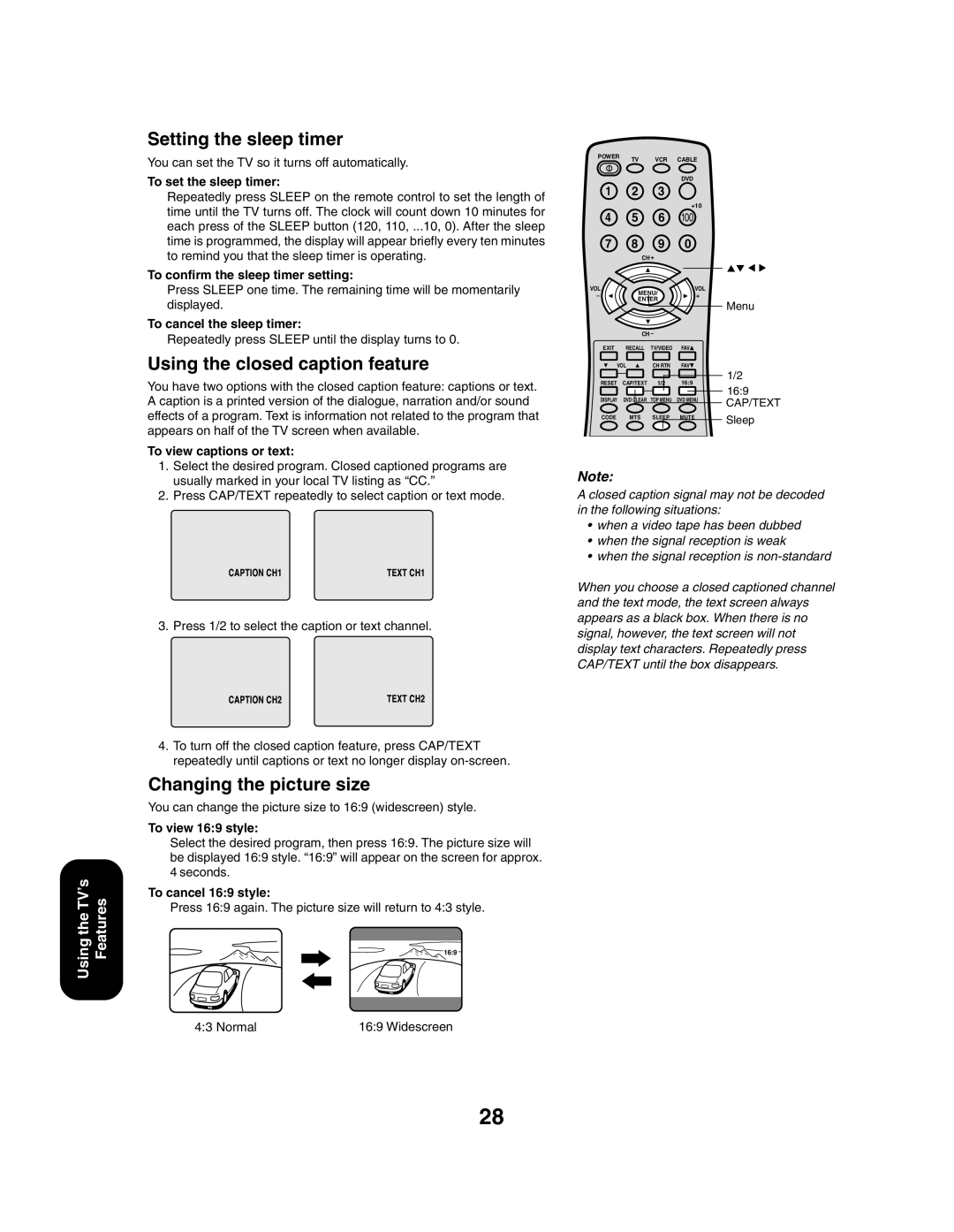 Toshiba 27AF43 appendix Setting the sleep timer, Using the closed caption feature, Changing the picture size 