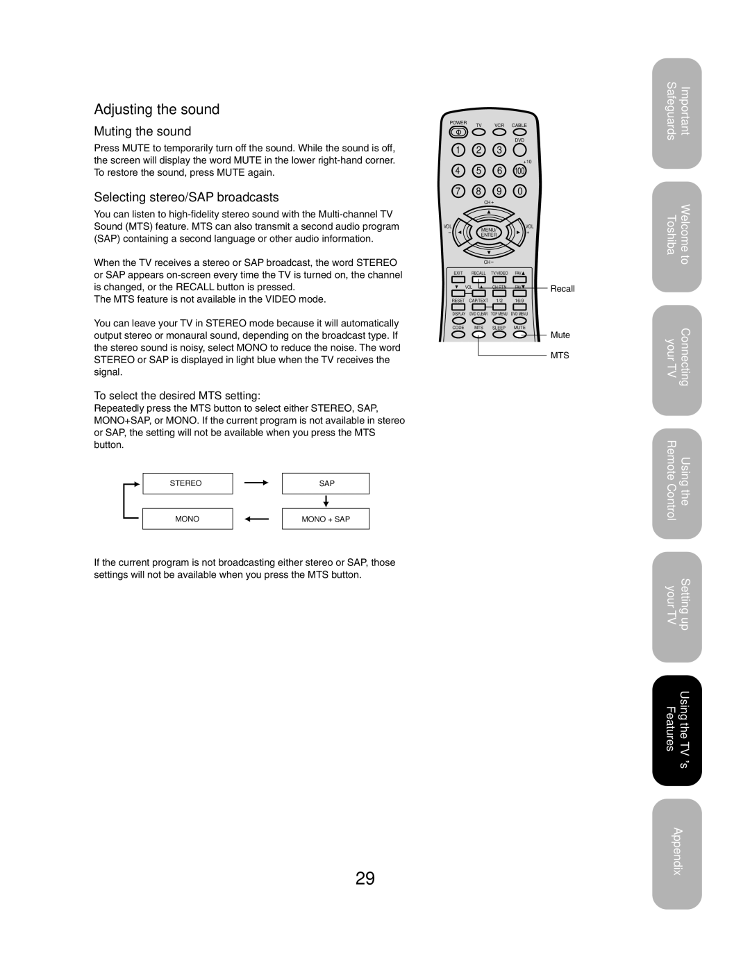 Toshiba 27AF43 appendix Adjusting the sound, Muting the sound, Selecting stereo/SAP broadcasts 