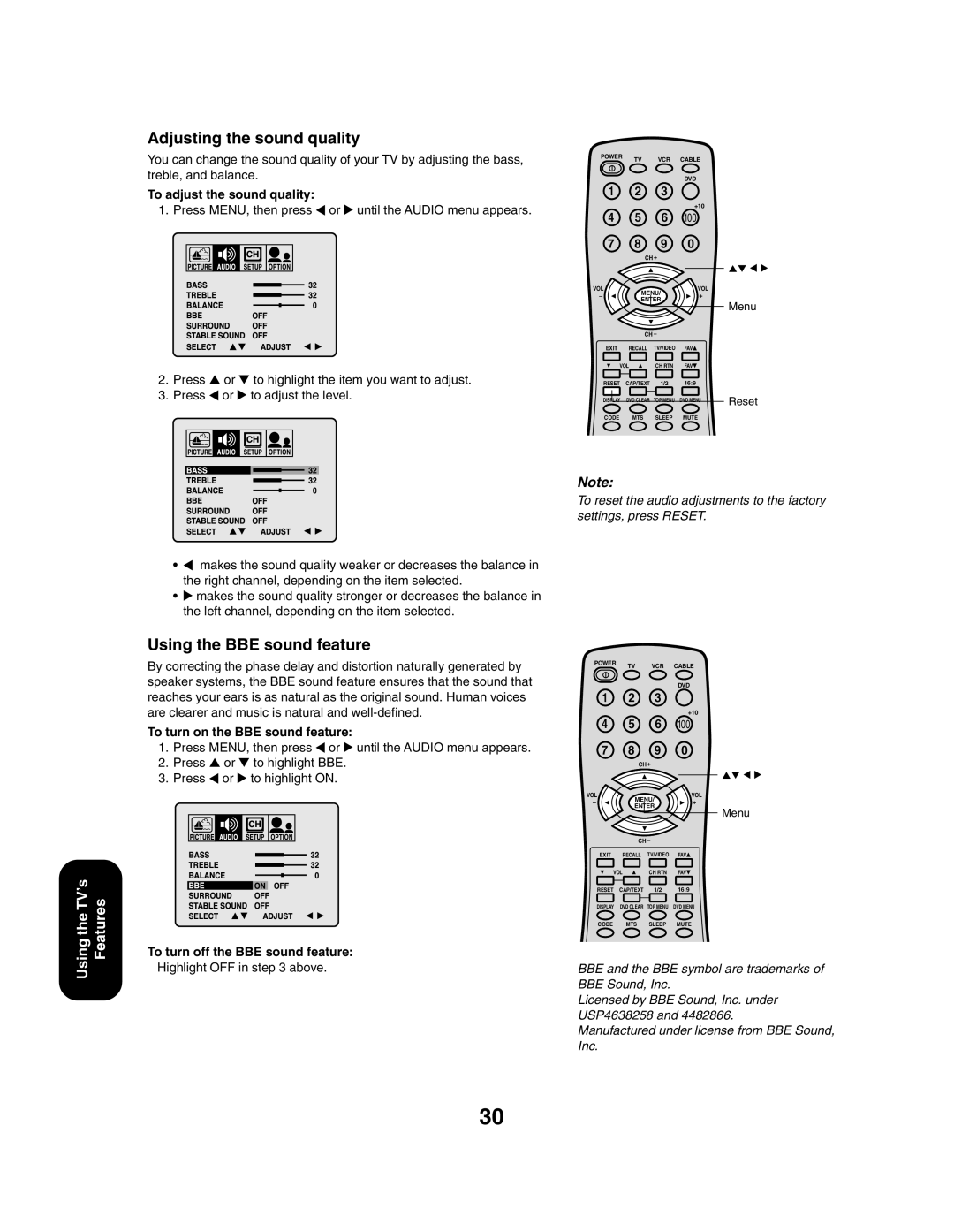 Toshiba 27AF43 appendix Adjusting the sound quality, Using the BBE sound feature, To adjust the sound quality 