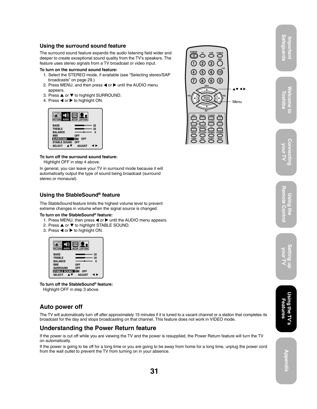 Toshiba 27AF43 appendix Auto power off, Understanding the Power Return feature, Using the surround sound feature 