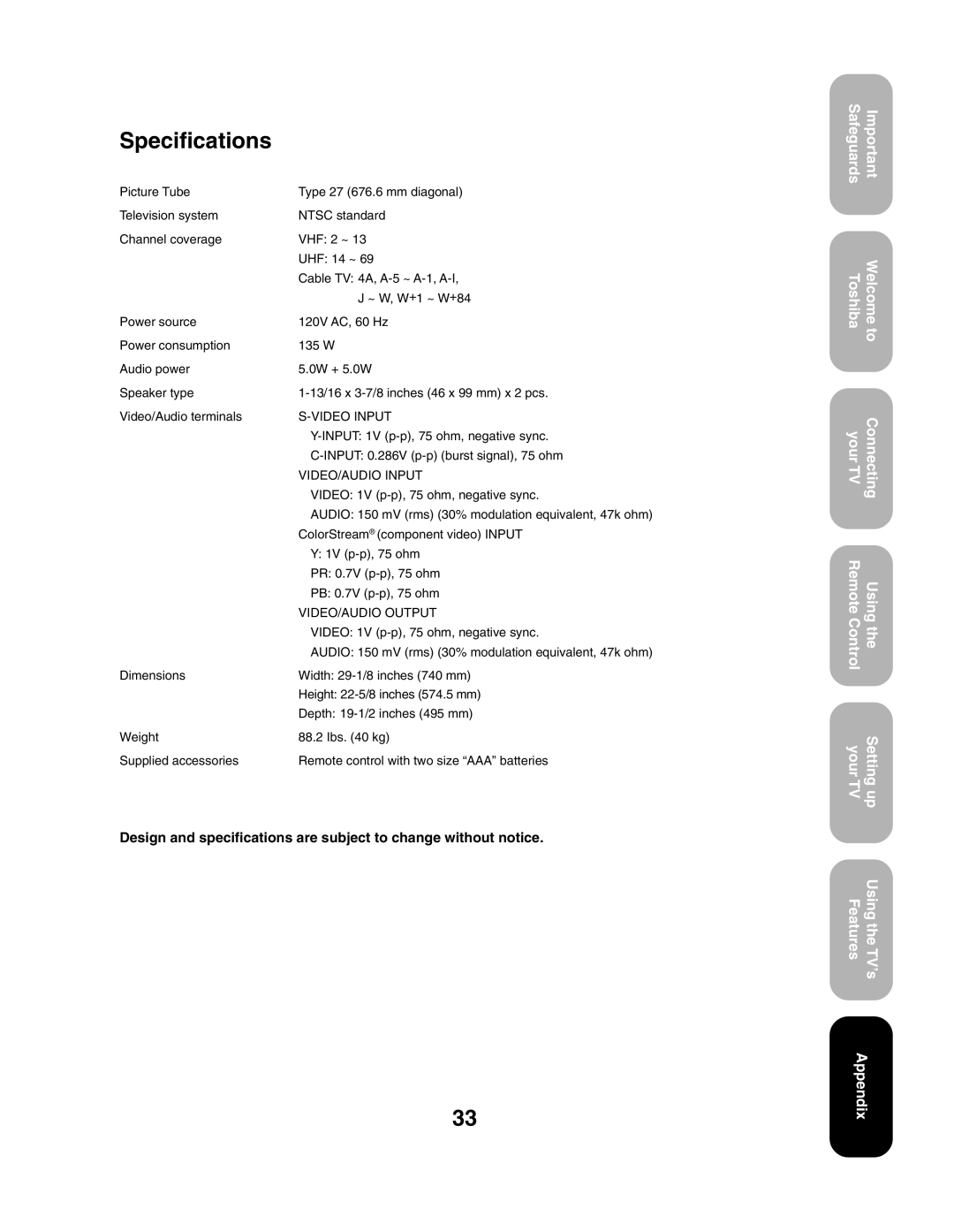 Toshiba 27AF43 appendix Specifications 