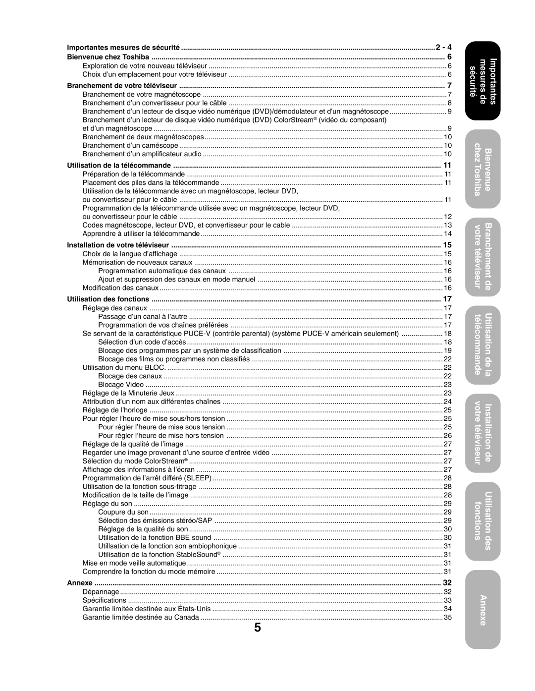 Toshiba 27AF43 appendix Importantes mesures de sécurité Bienvenue chez Toshiba, Branchement de votre téléviseur, Annexe 