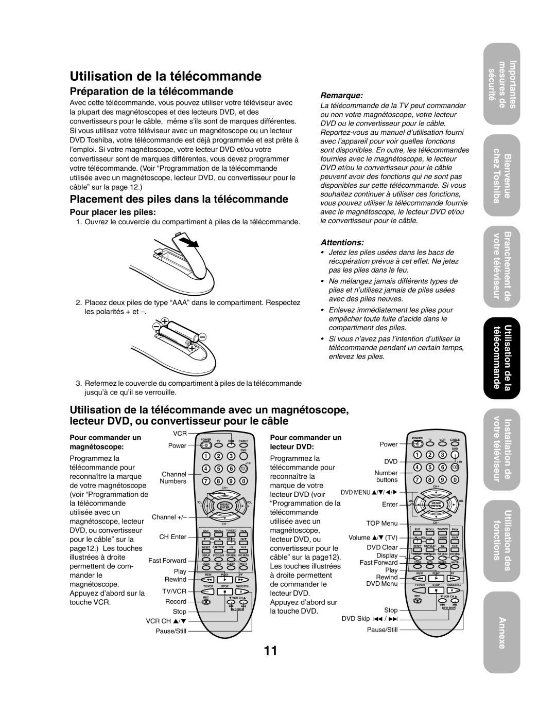 Toshiba 27AF43 Utilisation de la télécommande, Préparation de la télécommande, Placement des piles dans la télécommande 