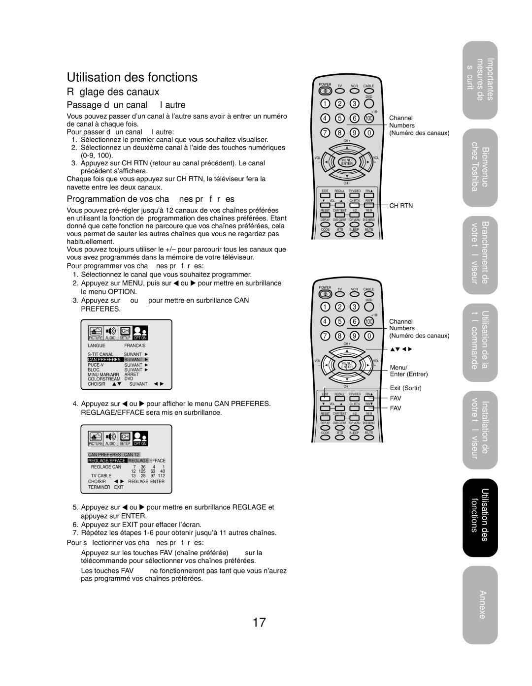 Toshiba 27AF43 appendix Utilisation des fonctions, Réglage des canaux, Passage d’un canal à l’autre 