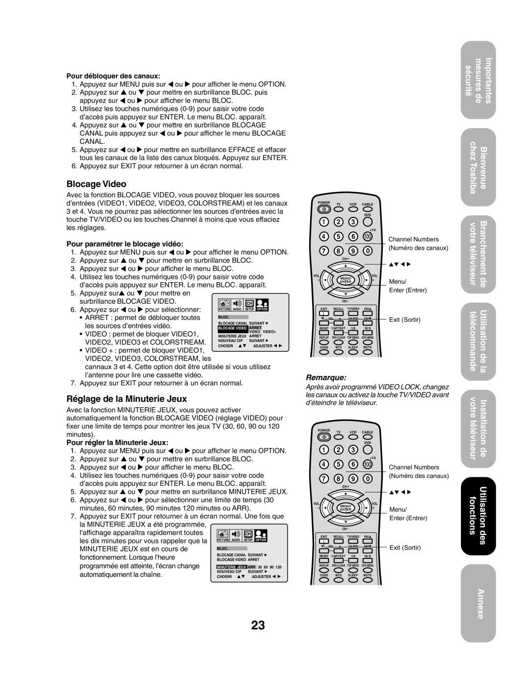 Toshiba 27AF43 appendix Blocage Video, Réglage de la Minuterie Jeux 