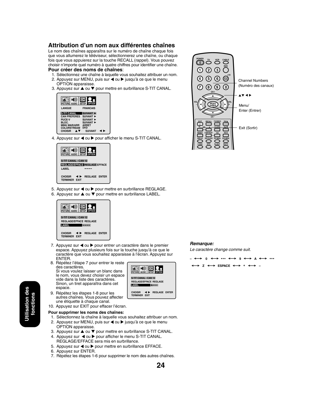 Toshiba 27AF43 appendix Attribution d’un nom aux différentes chaînes, Appuyez sur Ou pour afficher le menu S-TIT Canal 