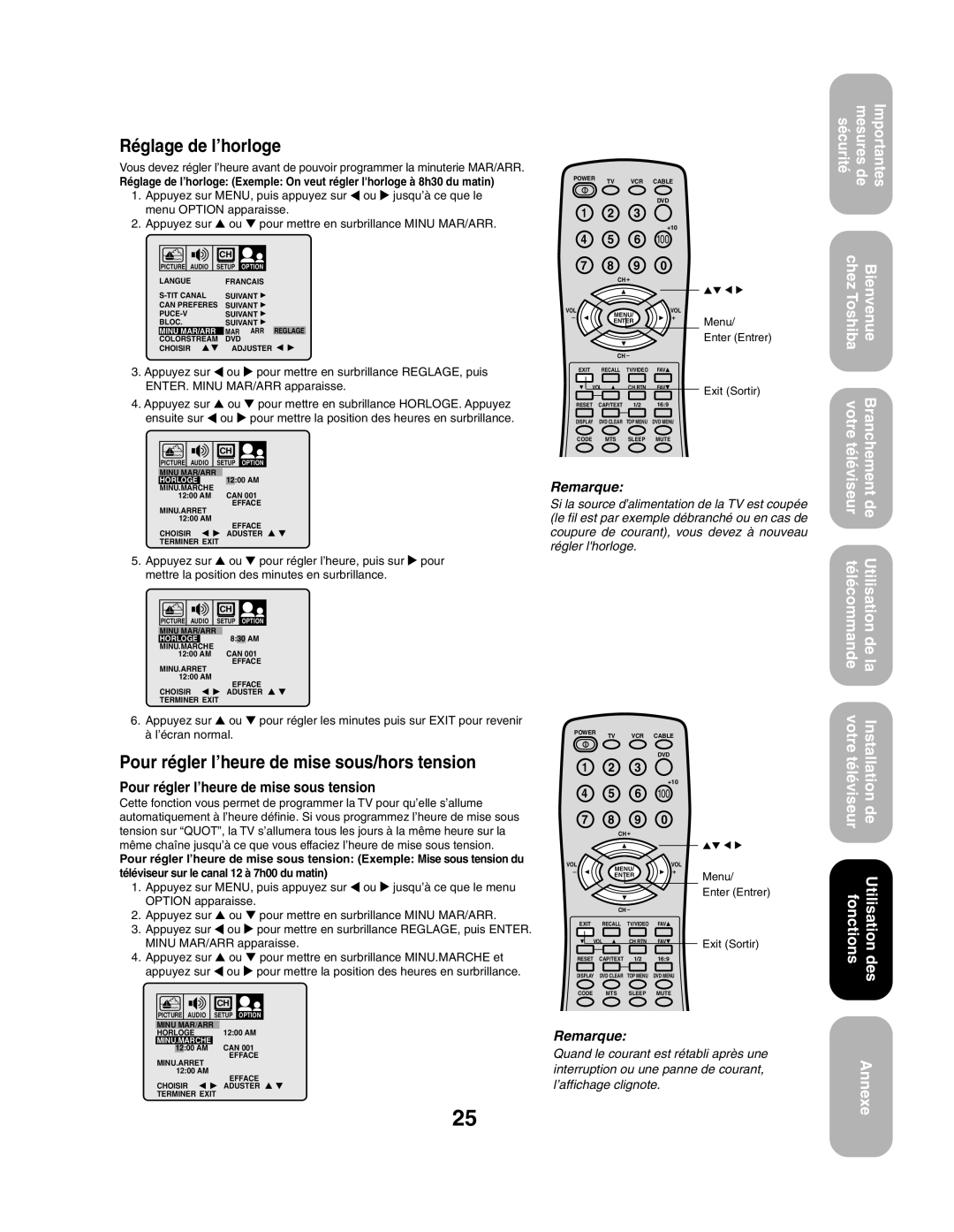 Toshiba 27AF43 appendix Réglage de l’horloge, Pour régler l’heure de mise sous/hors tension 