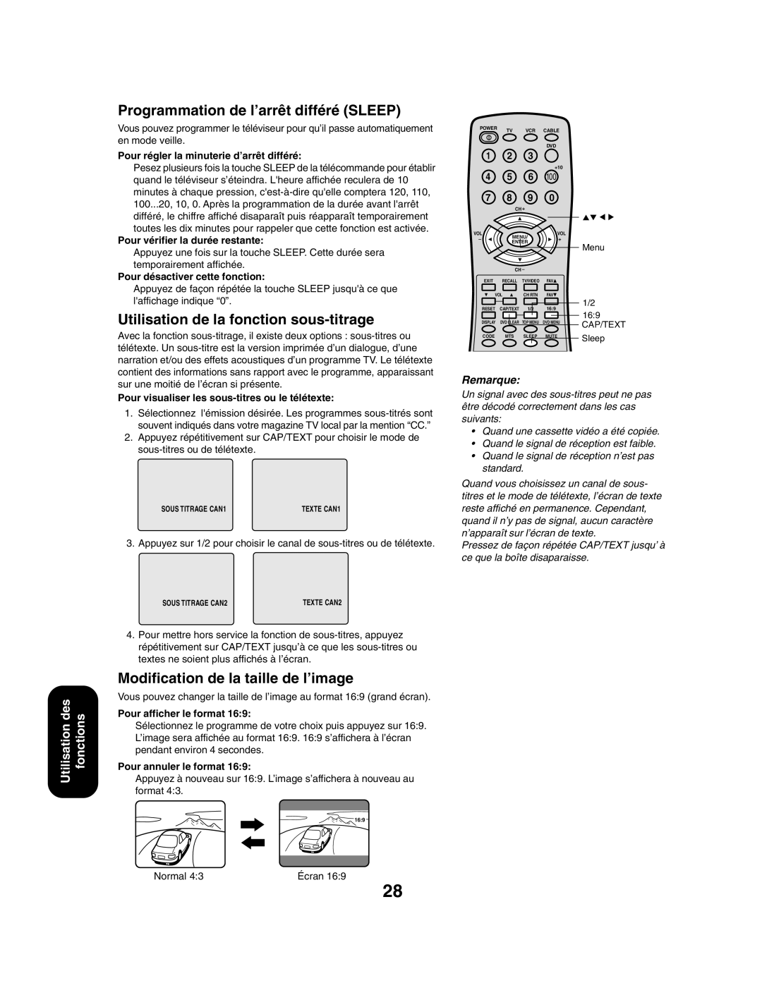 Toshiba 27AF43 appendix Programmation de l’arrêt différé Sleep, Utilisation de la fonction sous-titrage 