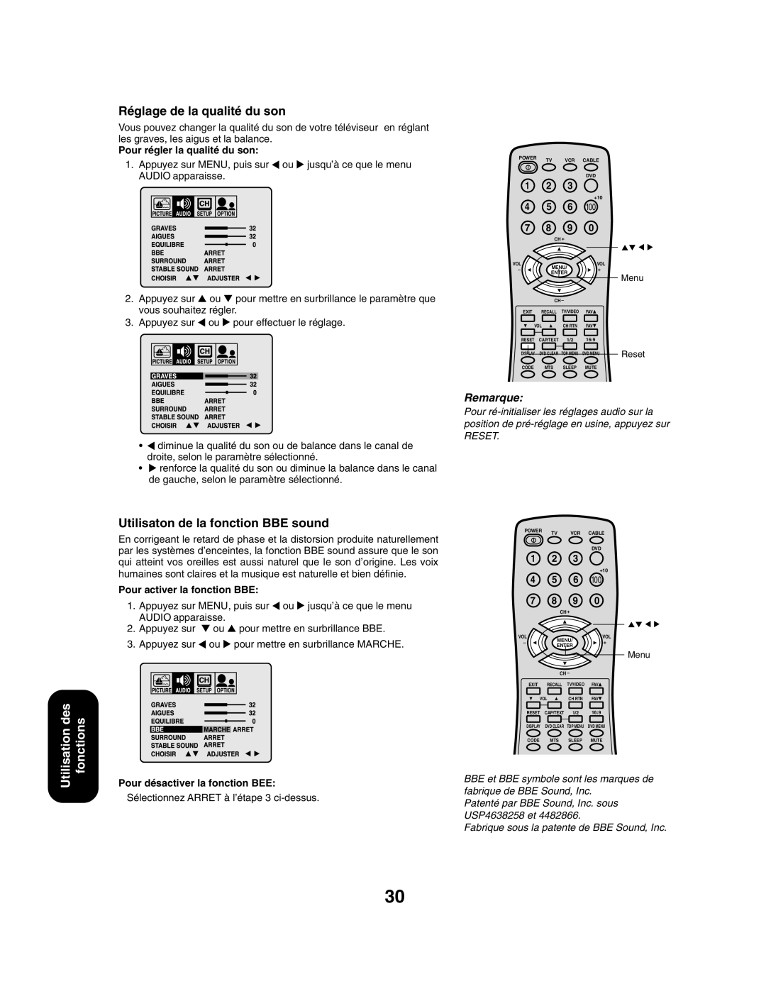 Toshiba 27AF43 appendix Réglage de la qualité du son, Utilisaton de la fonction BBE sound, Pour régler la qualité du son 