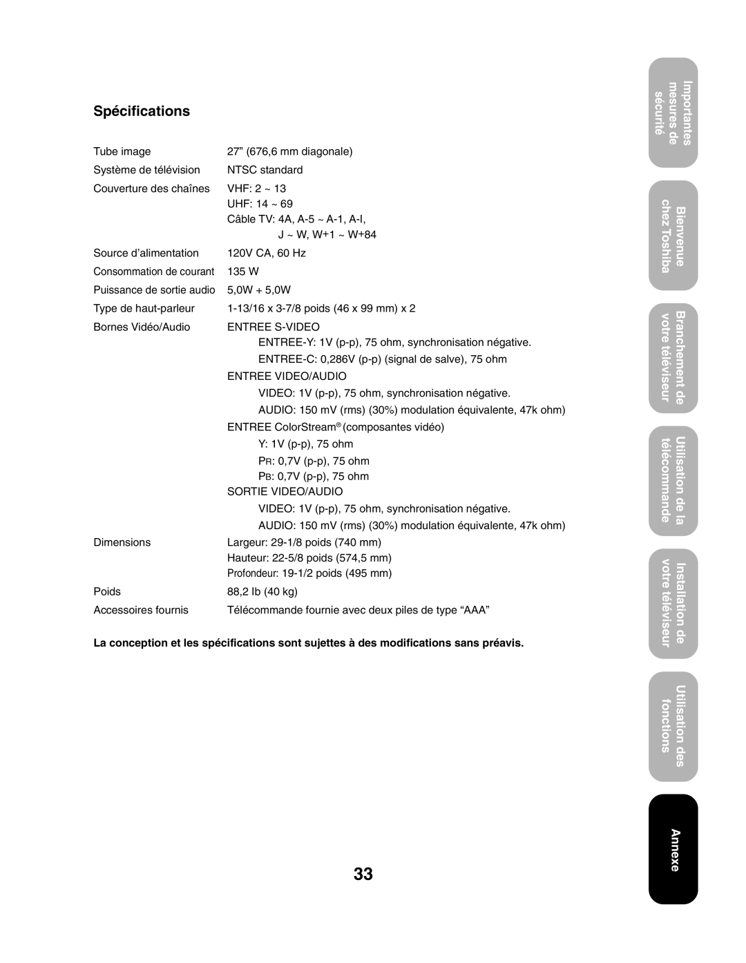 Toshiba 27AF43 appendix Spécifications, Entree S-VIDEO 