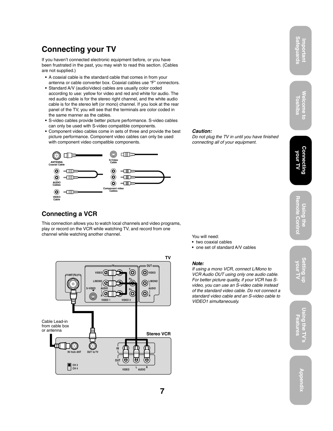 Toshiba 27AF43 appendix Connecting your TV, Connecting a VCR, With component video compatible components, Stereo VCR 