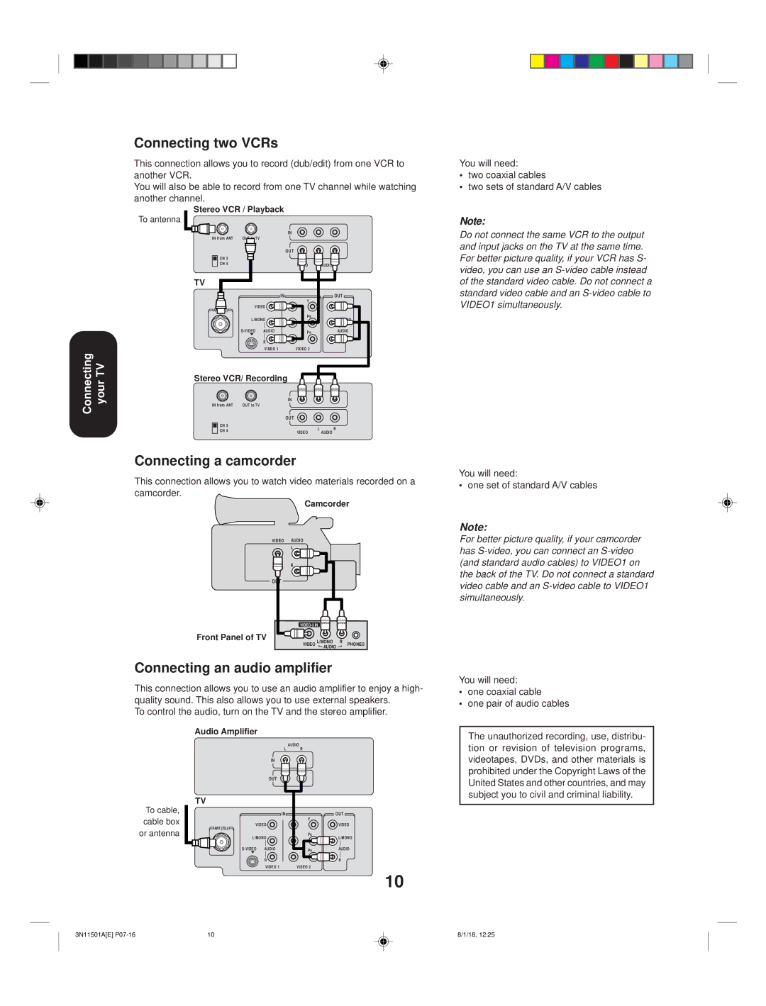 Toshiba 27AF44 appendix Connecting two VCRs, Connecting a camcorder, Connecting an audio amplifier, One coaxial cable 