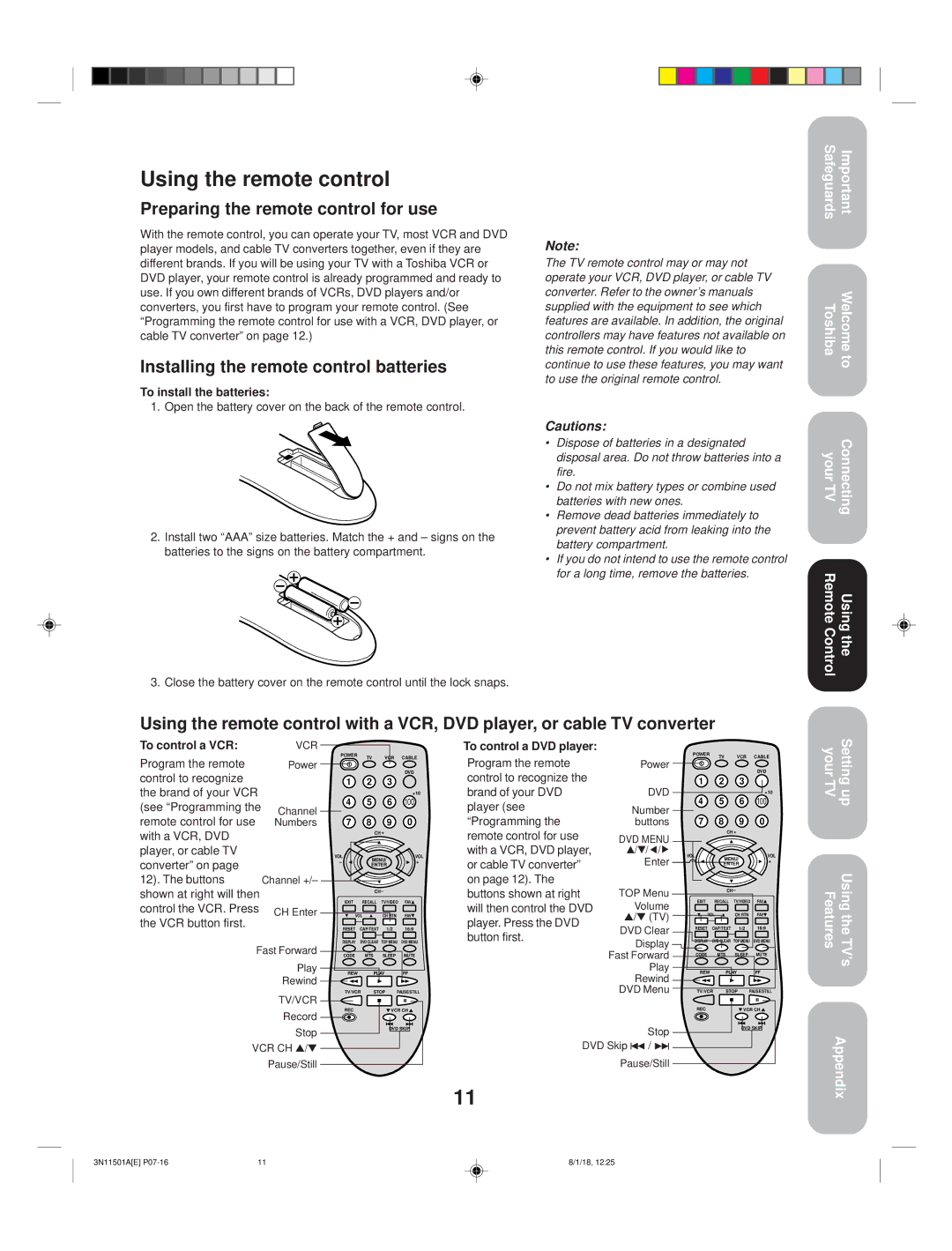 Toshiba 27AF44 Using the remote control, Preparing the remote control for use, Installing the remote control batteries 