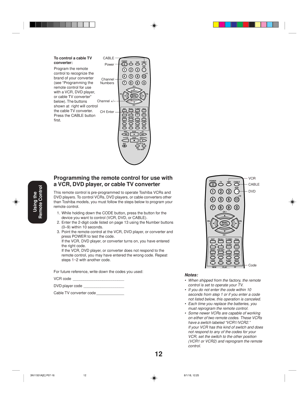 Toshiba 27AF44 appendix To control a cable TV converter, Dvd 