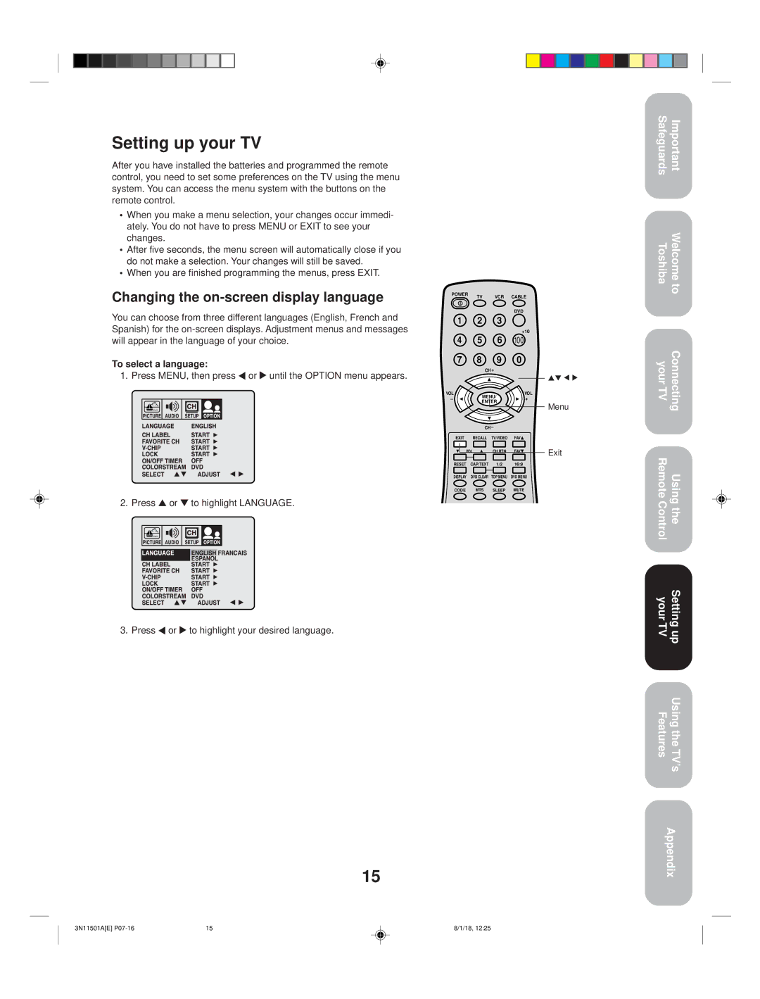 Toshiba 27AF44 appendix Setting up your TV, Changing the on-screen display language, To select a language 