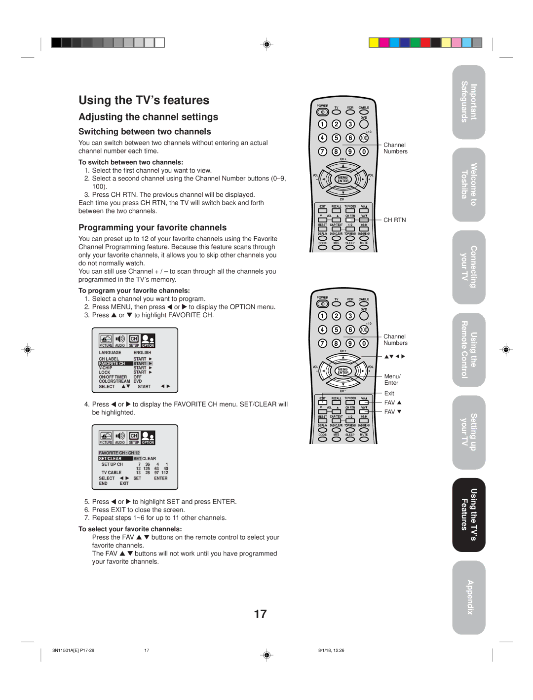 Toshiba 27AF44 appendix Using the TV’s features, Adjusting the channel settings, Switching between two channels 