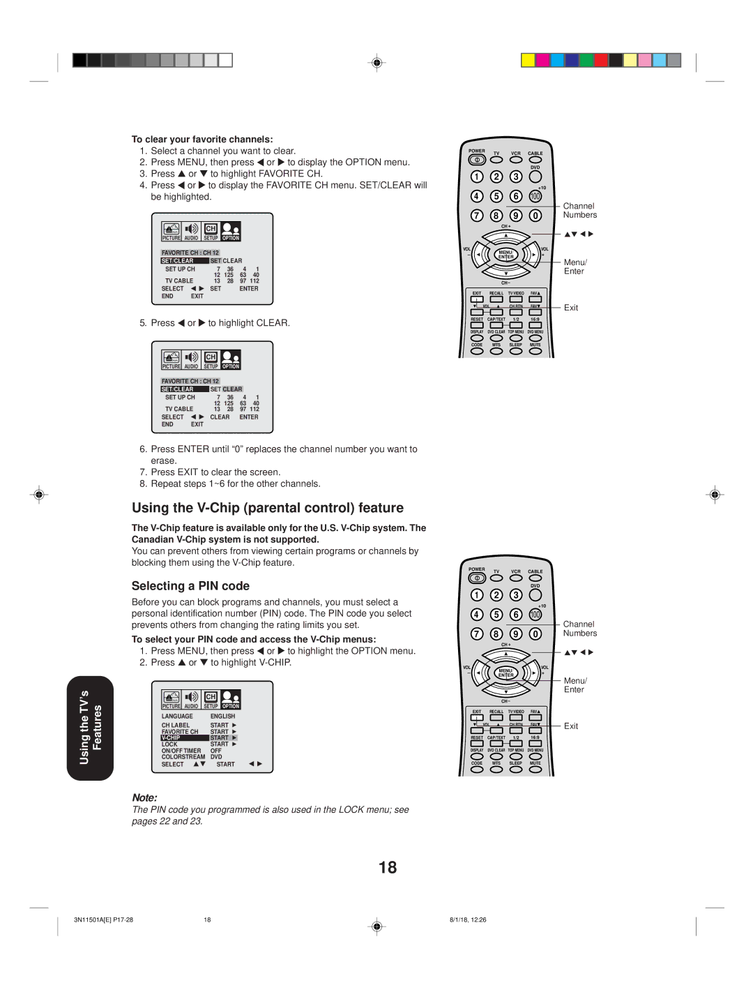 Toshiba 27AF44 appendix Using the V-Chip parental control feature, Selecting a PIN code, To clear your favorite channels 