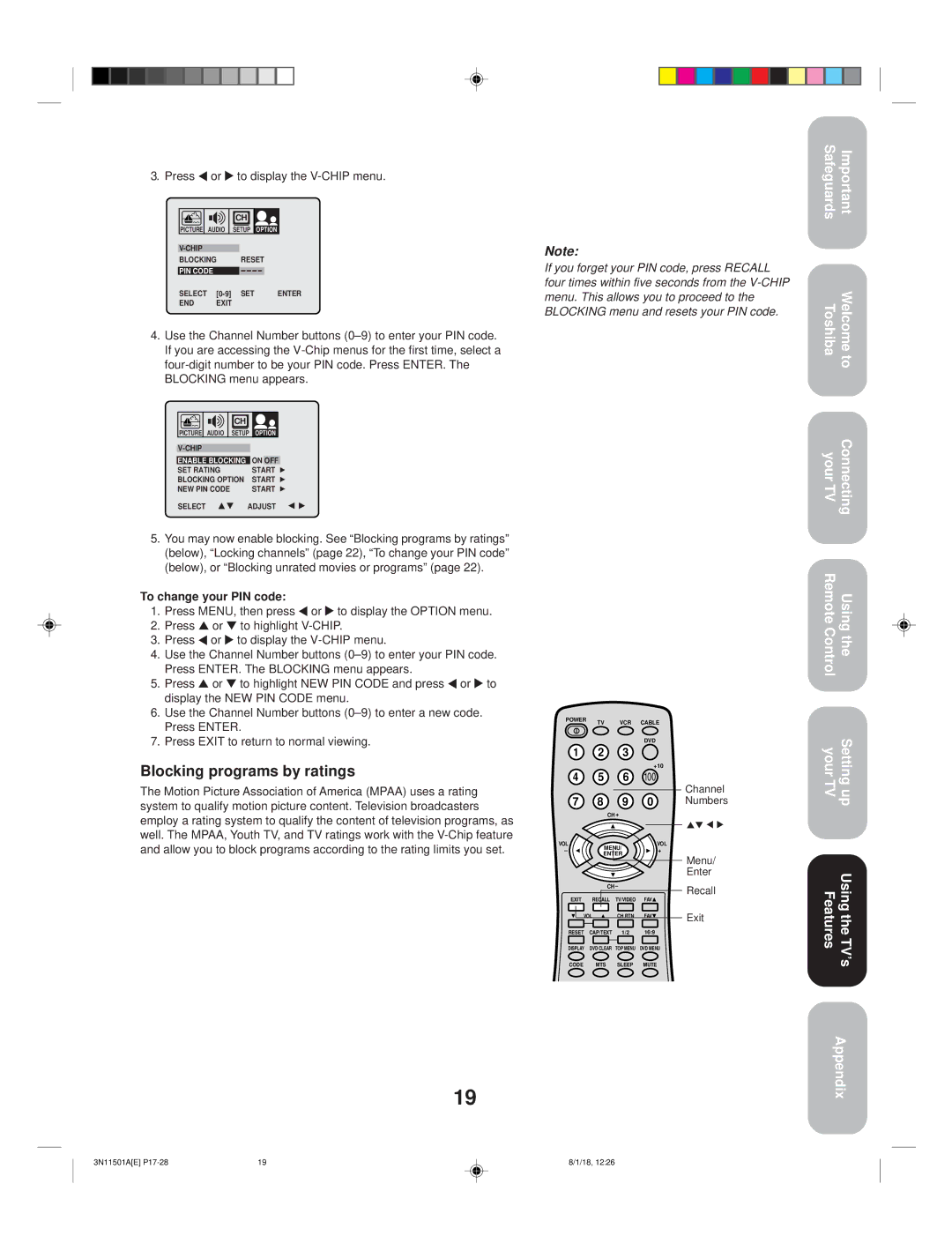 Toshiba 27AF44 appendix Blocking programs by ratings, Press or to display the V-CHIP menu, To change your PIN code 