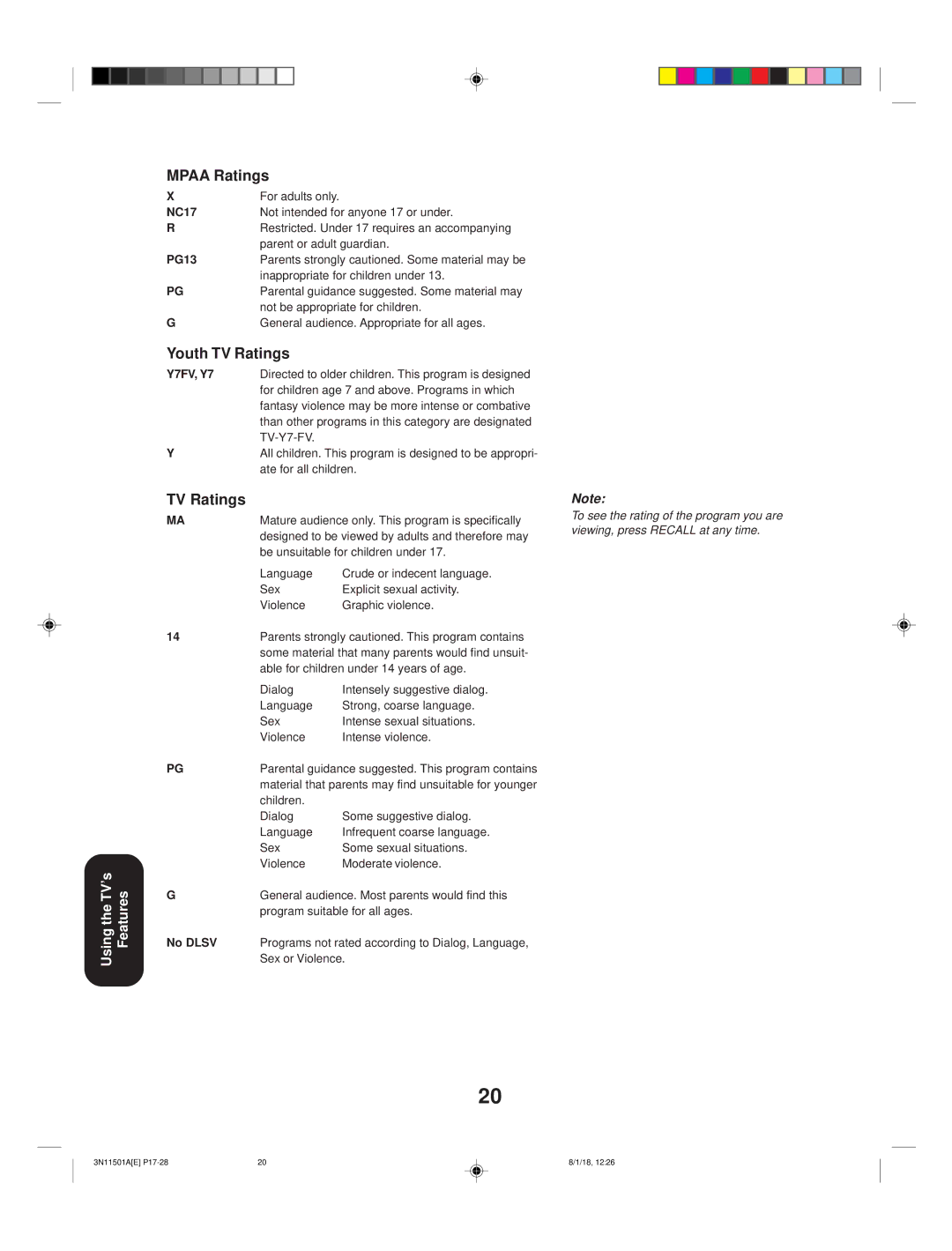 Toshiba 27AF44 appendix Mpaa Ratings, Youth TV Ratings 