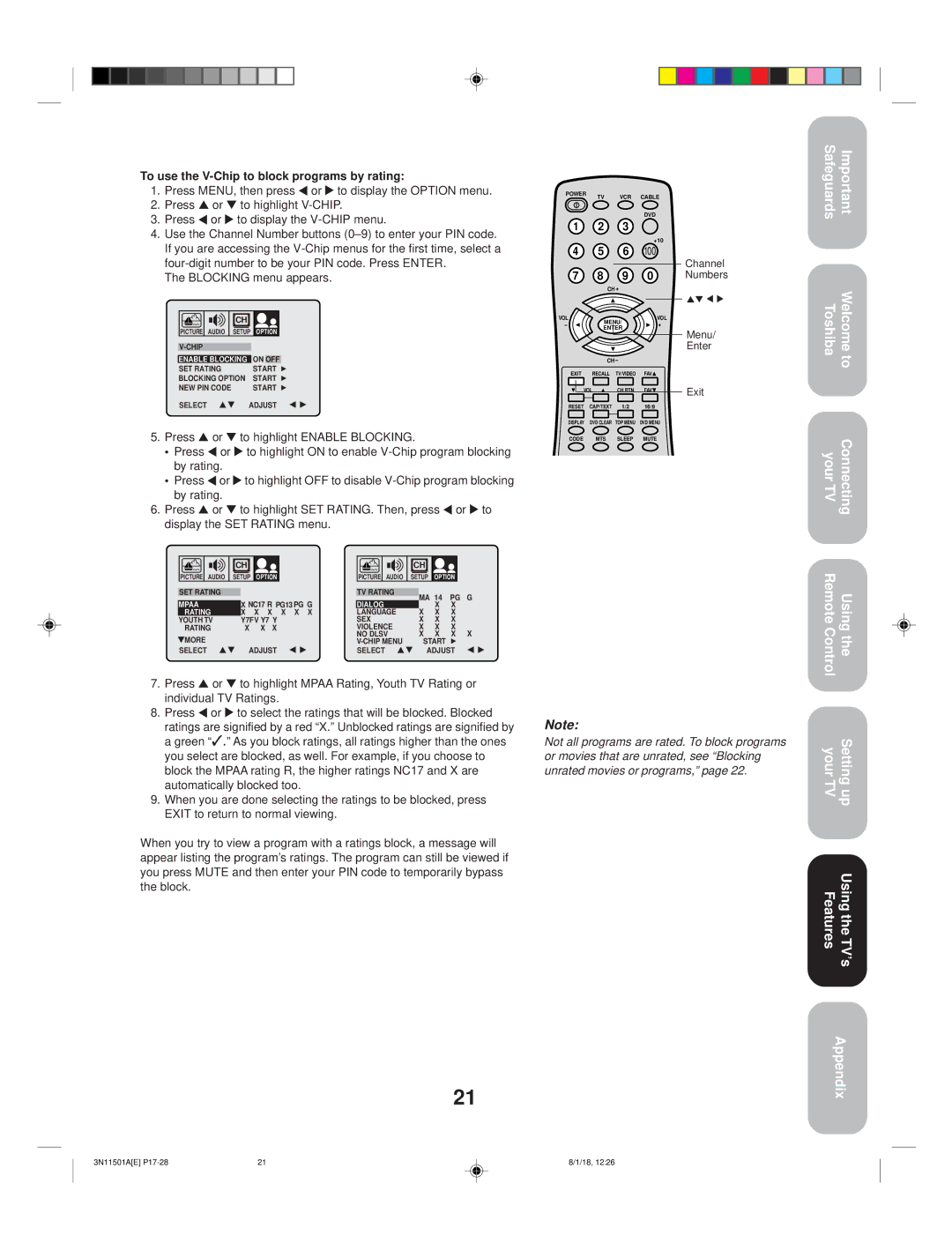 Toshiba 27AF44 appendix To use the V-Chip to block programs by rating, Dialog Rating 