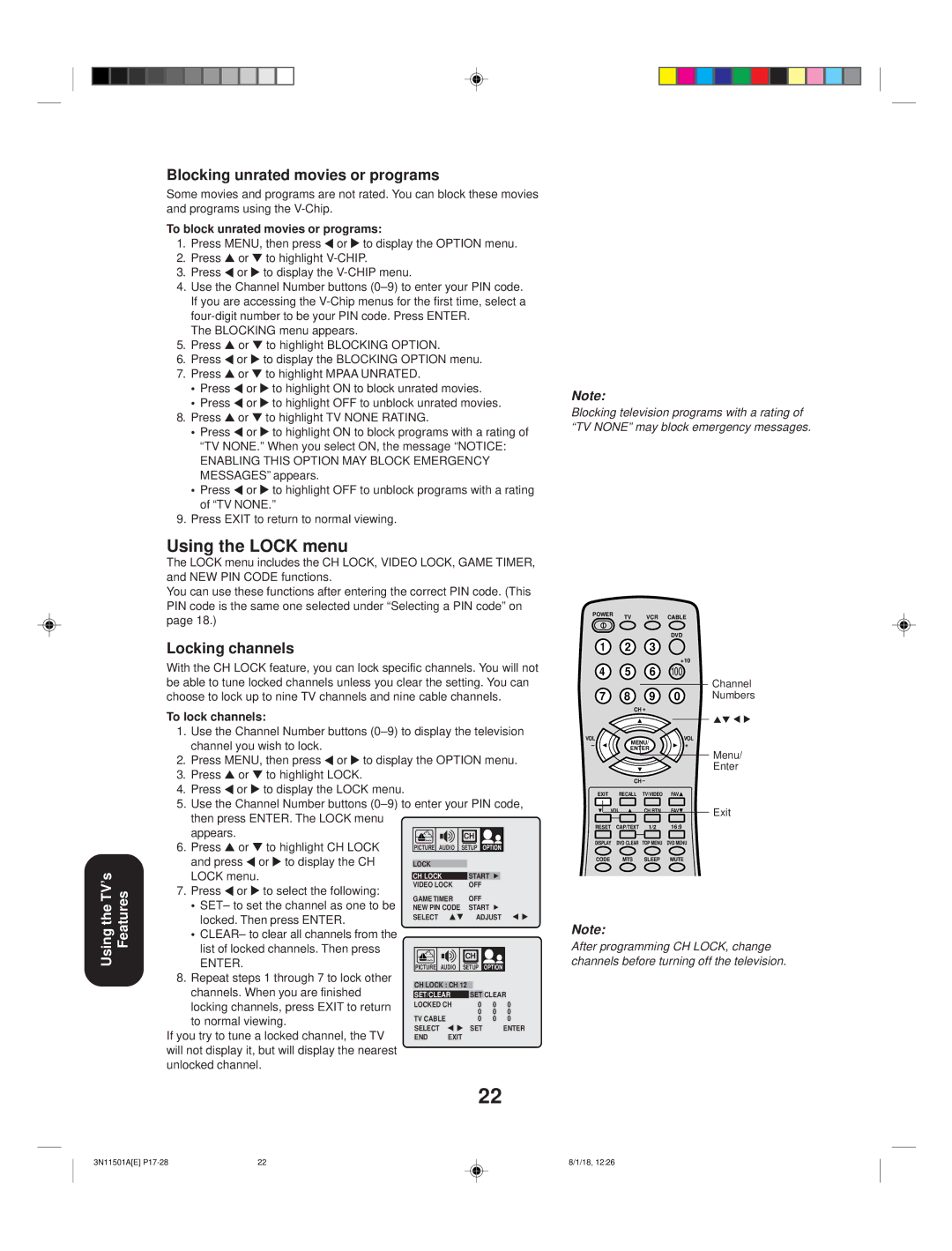 Toshiba 27AF44 appendix Using the Lock menu, Blocking unrated movies or programs, Locking channels 