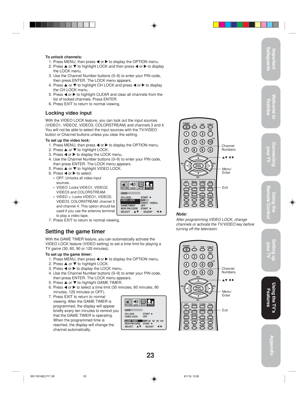 Toshiba 27AF44 appendix Setting the game timer, Locking video input 