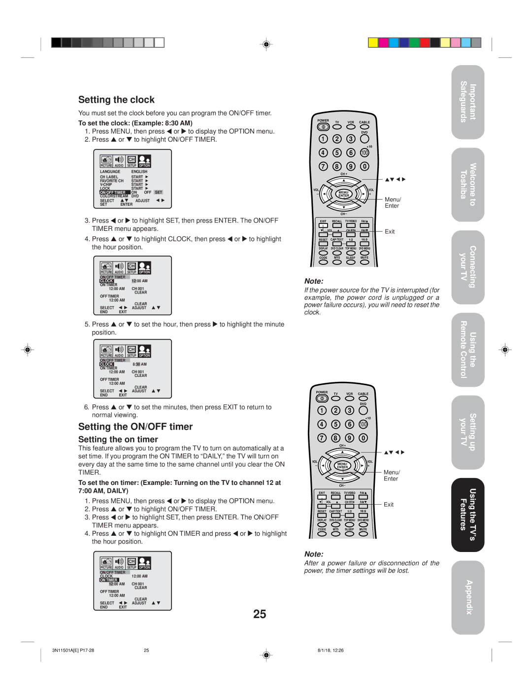 Toshiba 27AF44 appendix Setting the clock, Setting the ON/OFF timer, Setting the on timer, To set the clock Example 830 AM 