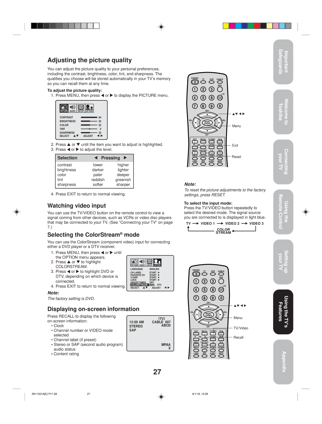 Toshiba 27AF44 appendix Watching video input, Selecting the ColorStream mode, Displaying on-screen information 