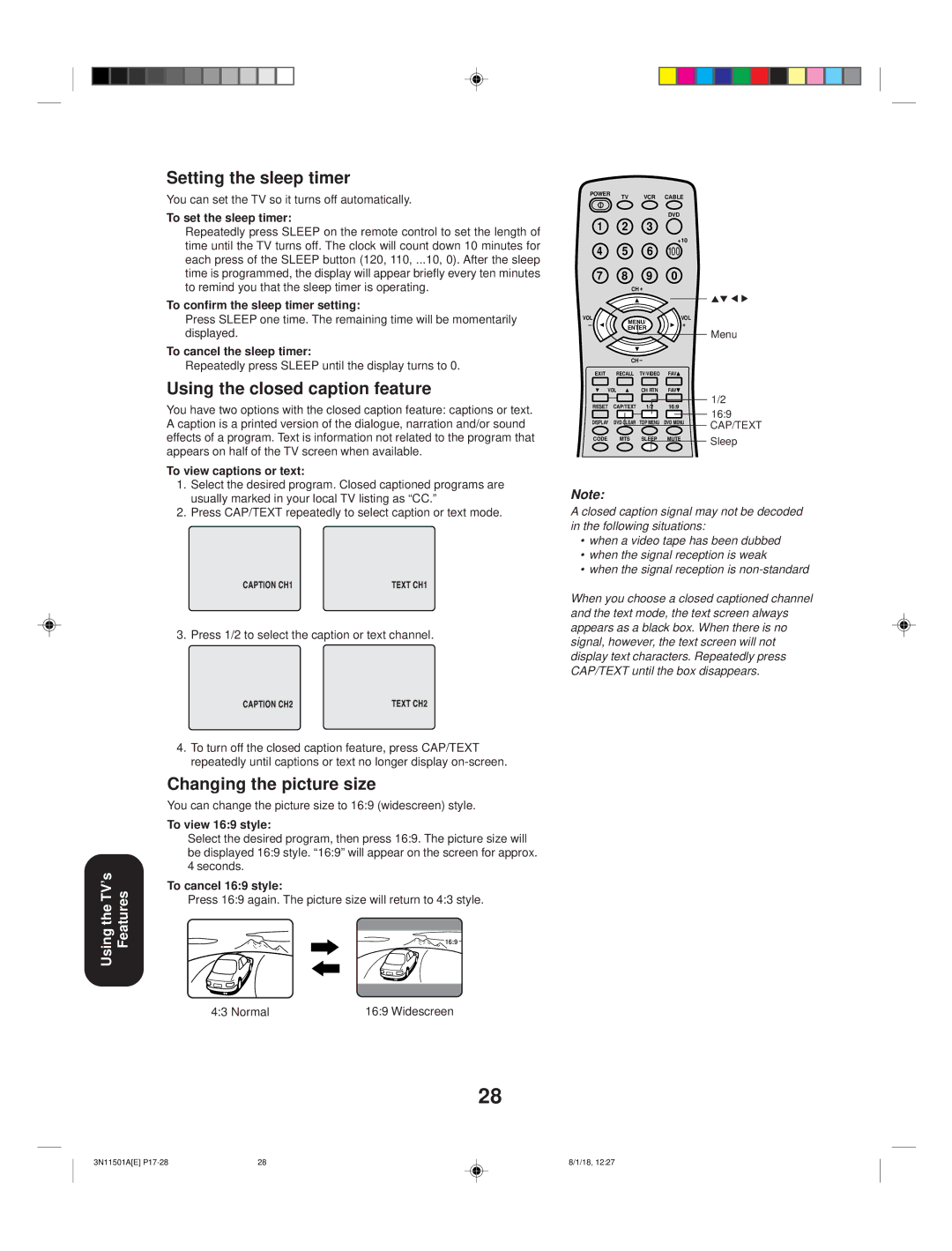 Toshiba 27AF44 appendix Setting the sleep timer, Using the closed caption feature, Changing the picture size 