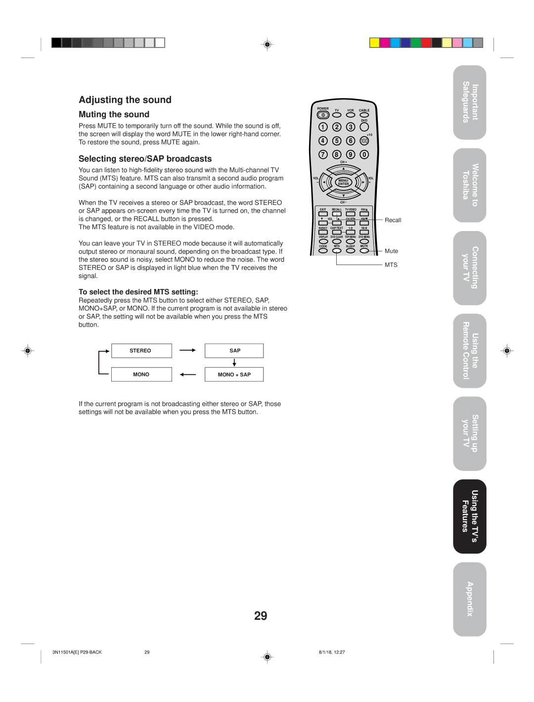 Toshiba 27AF44 appendix Adjusting the sound, Muting the sound, Selecting stereo/SAP broadcasts 