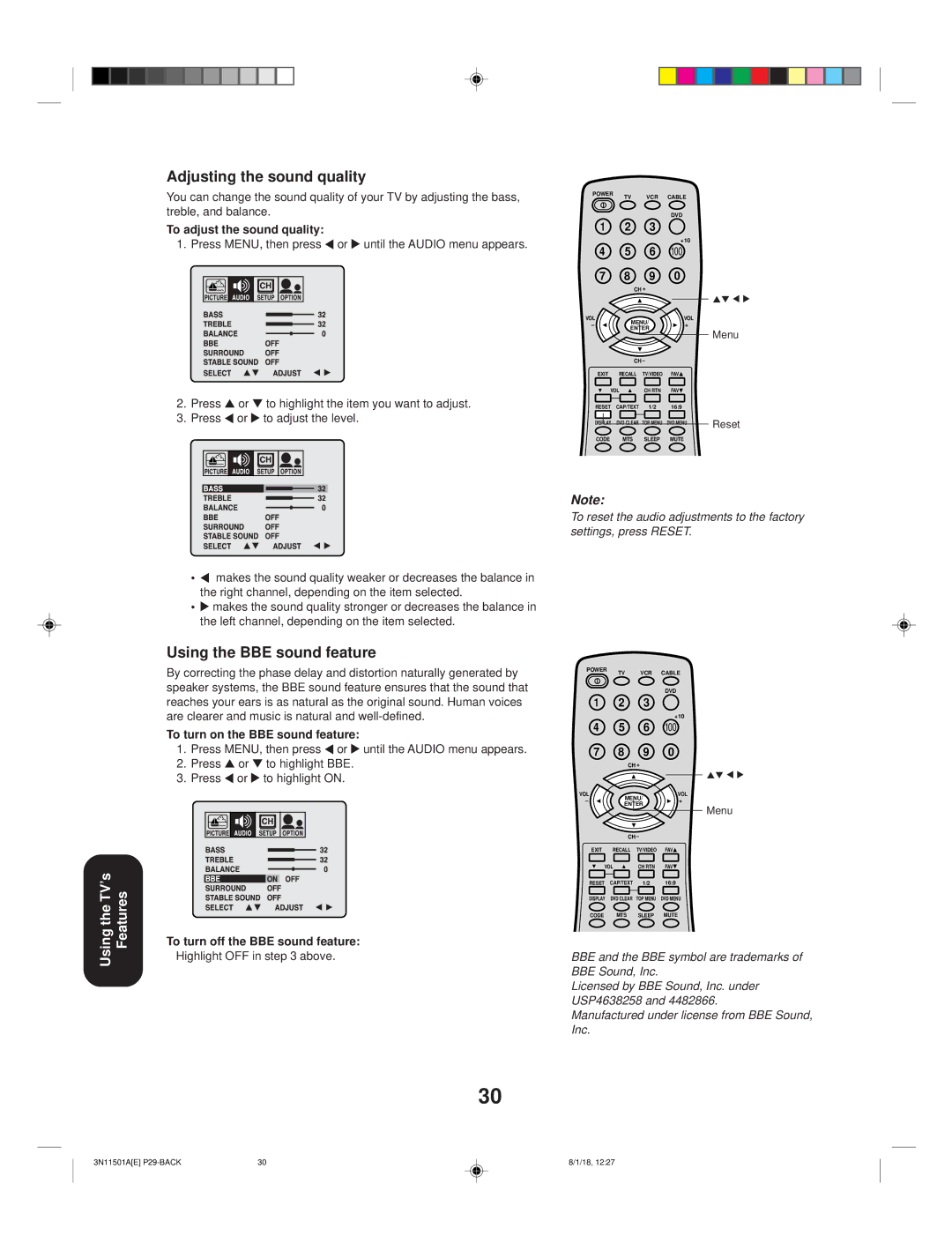 Toshiba 27AF44 appendix Adjusting the sound quality, Using the BBE sound feature, To adjust the sound quality 