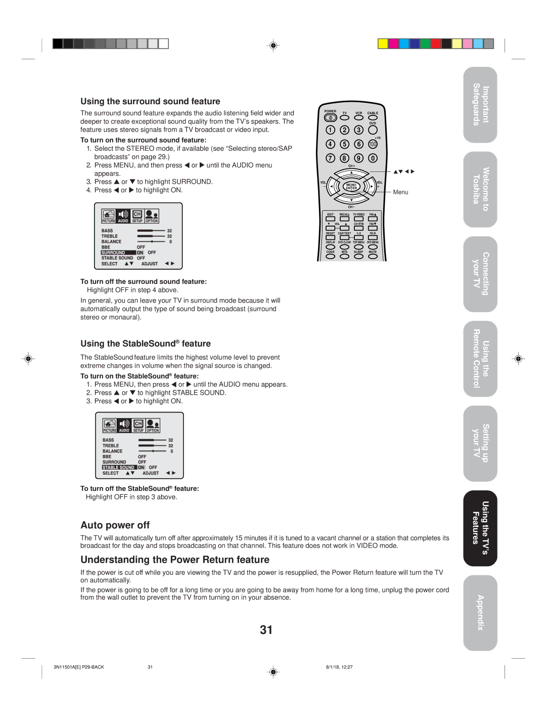 Toshiba 27AF44 appendix Auto power off, Understanding the Power Return feature, Using the surround sound feature 