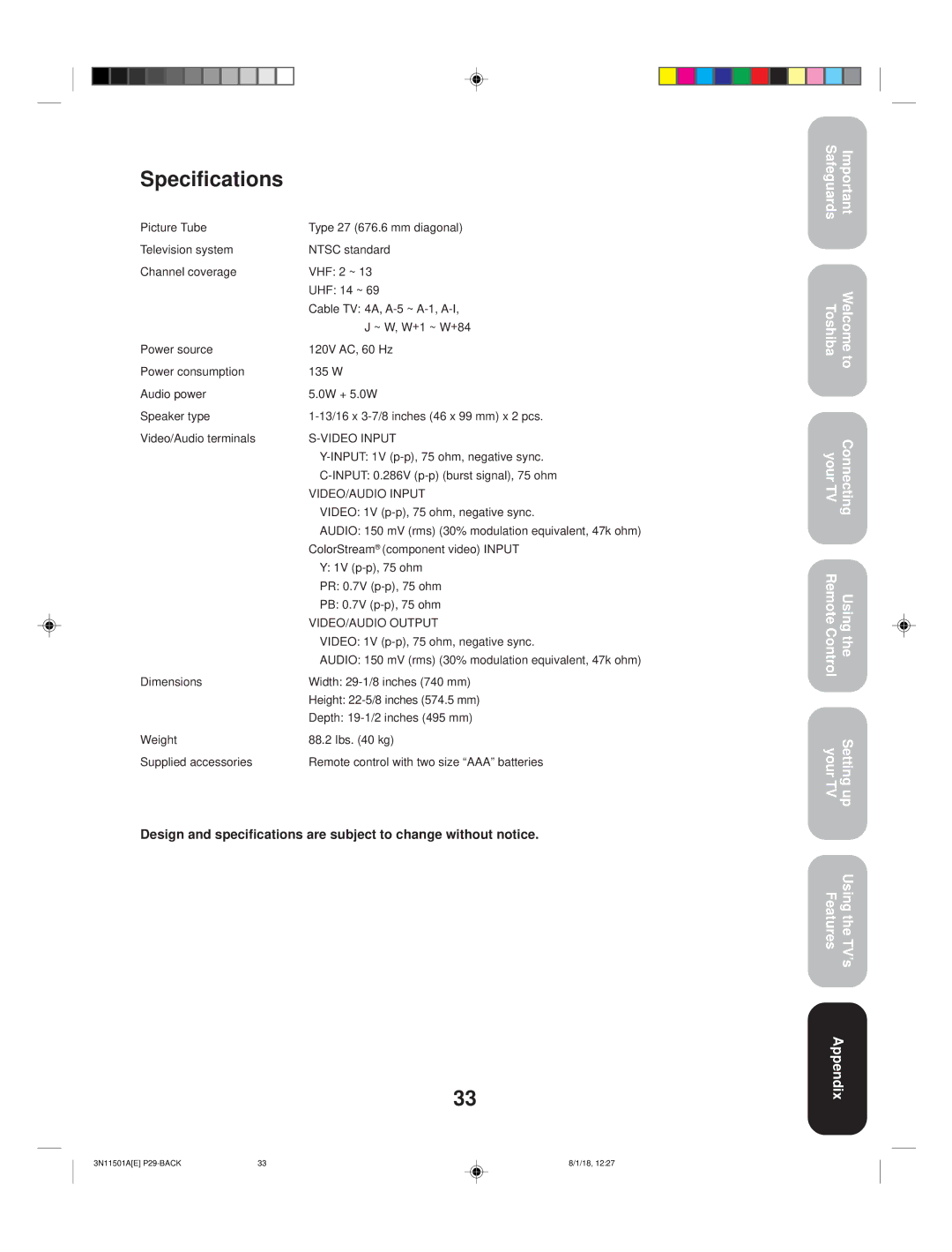 Toshiba 27AF44 appendix Specifications 