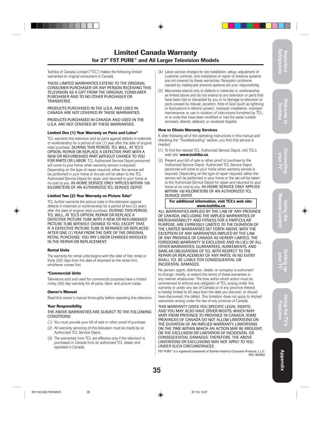 Toshiba 27AF44 appendix Limited Canada Warranty 