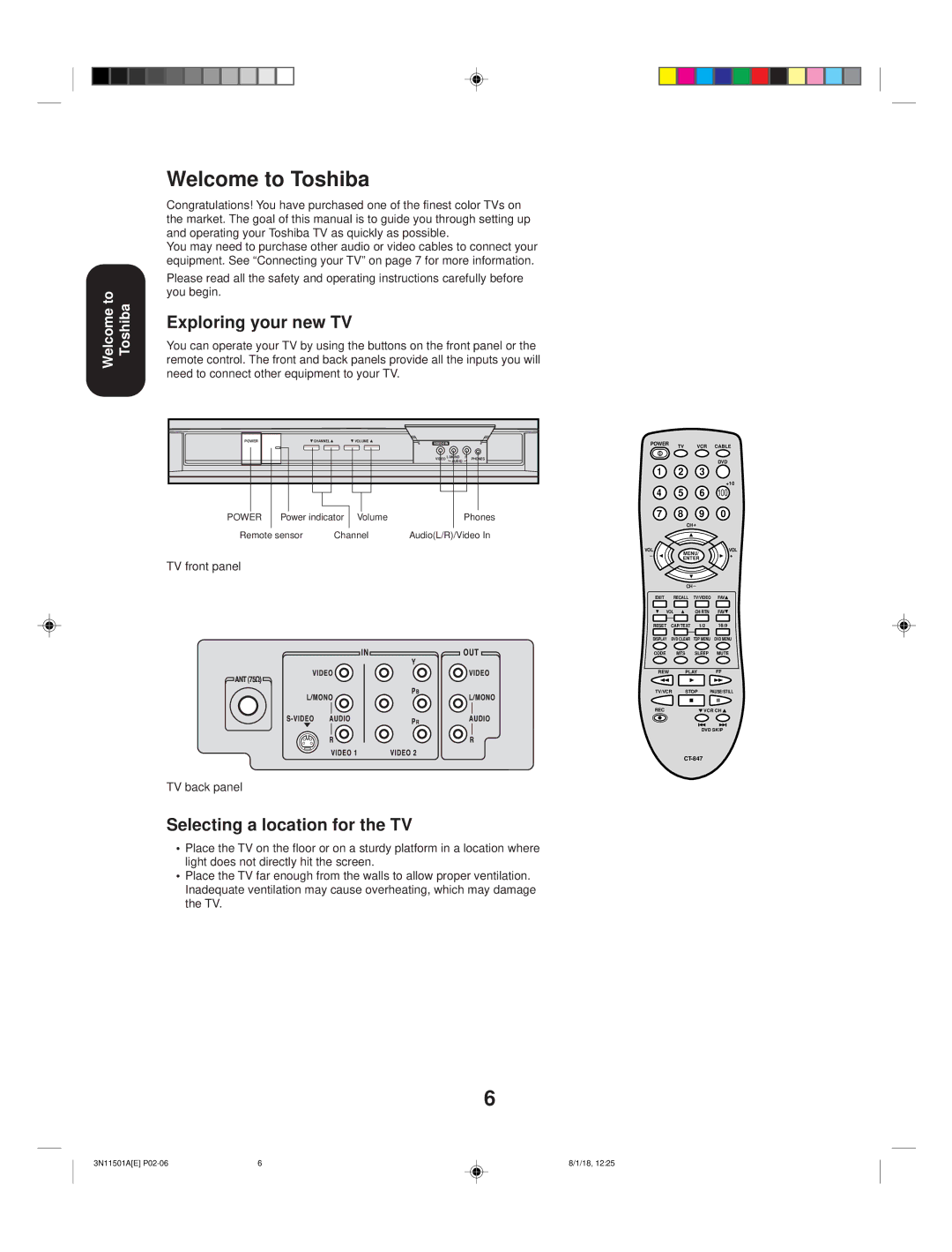 Toshiba 27AF44 Welcome to Toshiba, Exploring your new TV, Selecting a location for the TV, TV front panel, TV back panel 