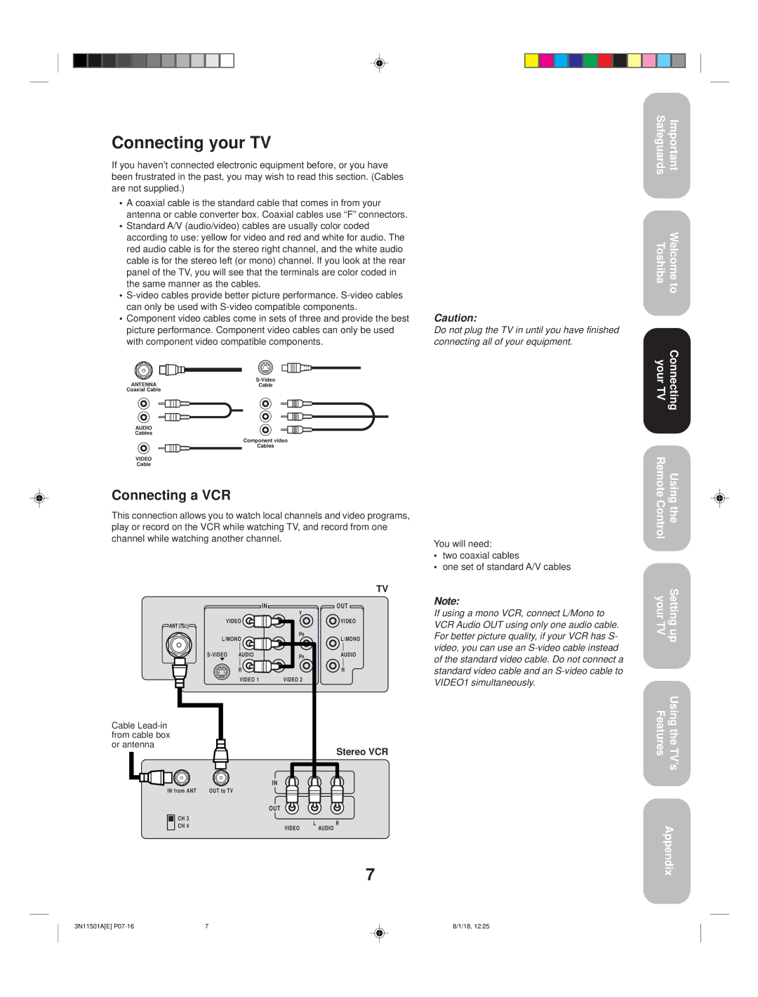 Toshiba 27AF44 appendix Connecting your TV, Connecting a VCR, With component video compatible components, Stereo VCR 