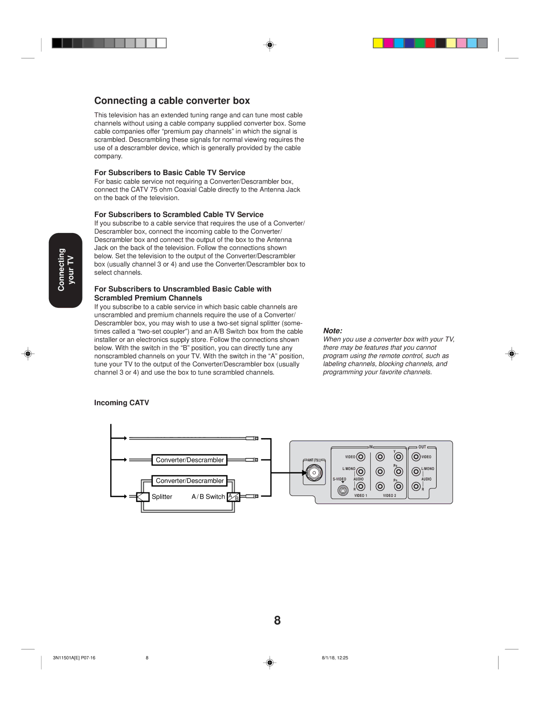 Toshiba 27AF44 appendix Connecting a cable converter box, For Subscribers to Basic Cable TV Service 