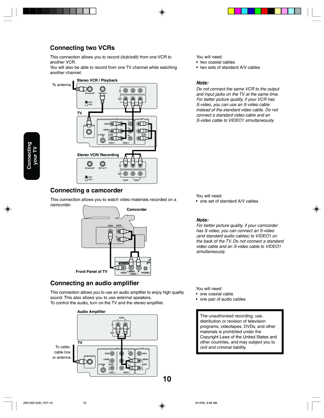 Toshiba 27AF46C appendix Connecting two VCRs, Connecting a camcorder, Connecting an audio amplifier, One coaxial cable 