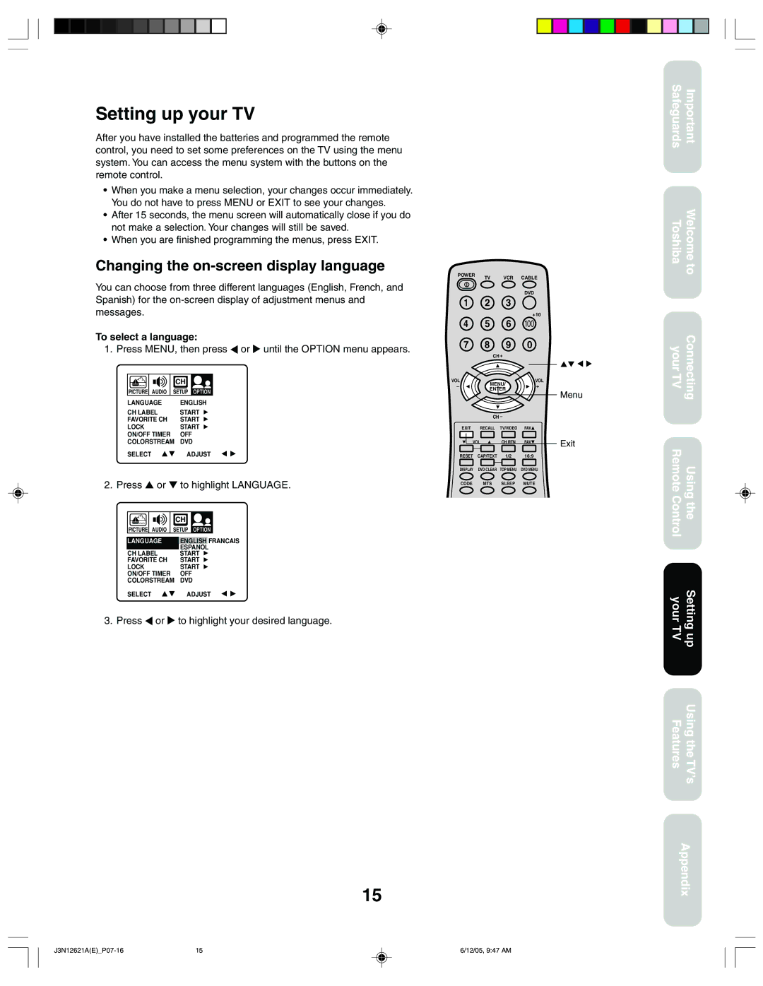 Toshiba 27AF46C appendix Setting up your TV, Changing the on-screen display language, To select a language 