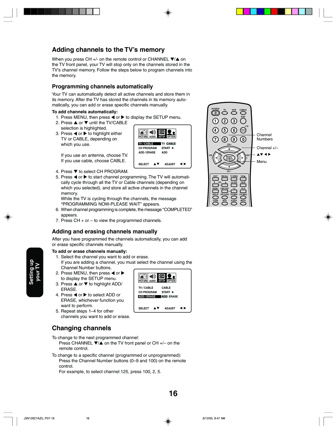 Toshiba 27AF46C appendix Adding channels to the TV’s memory, Changing channels, Programming channels automatically 