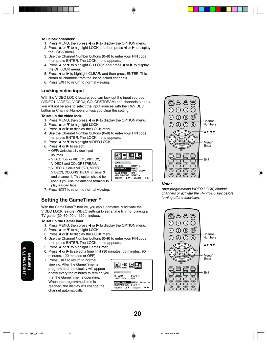 Toshiba 27AF46C appendix Setting the GameTimerTM, Locking video input 