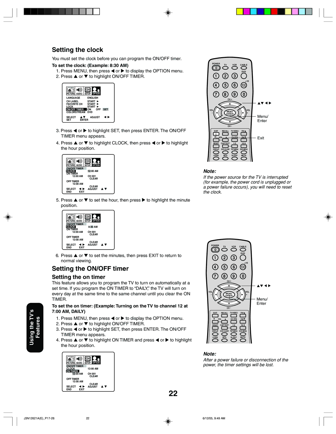 Toshiba 27AF46C appendix Setting the clock, Setting the ON/OFF timer, Setting the on timer, To set the clock Example 830 AM 