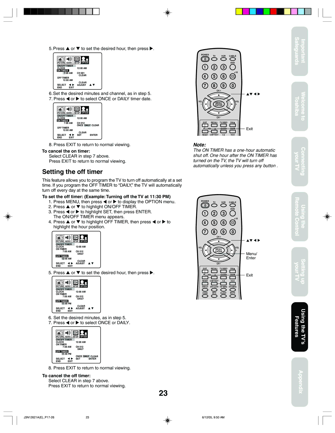 Toshiba 27AF46C appendix Setting the off timer, Press or to set the desired hour, then press, To cancel the on timer 