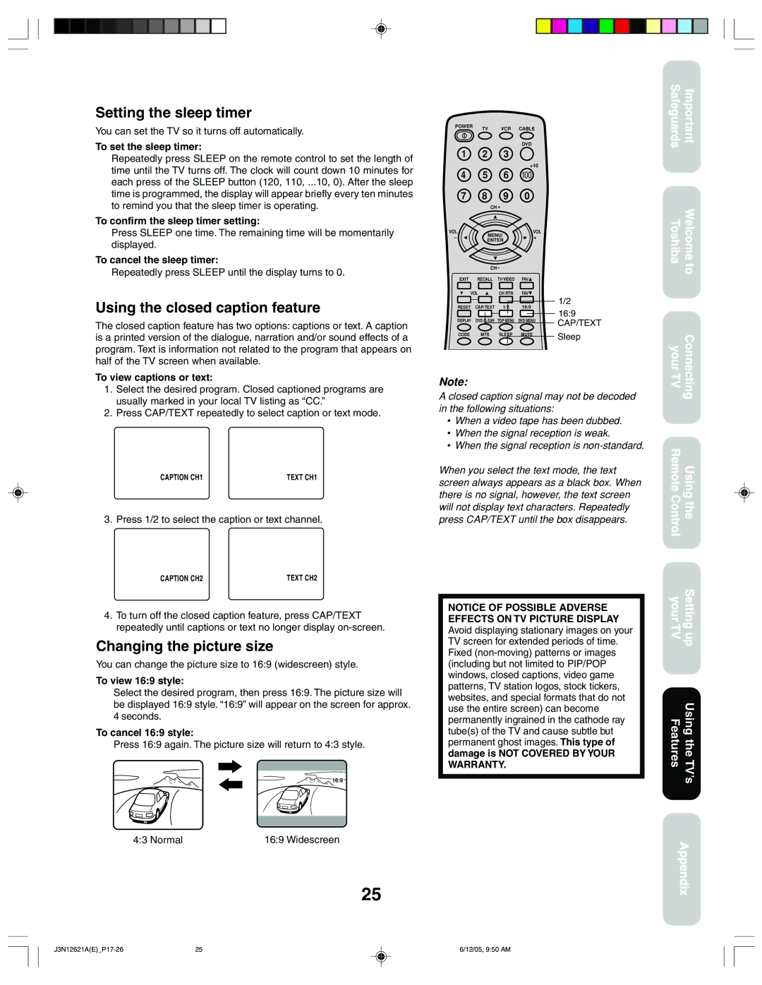 Toshiba 27AF46C appendix Setting the sleep timer, Using the closed caption feature, Changing the picture size 