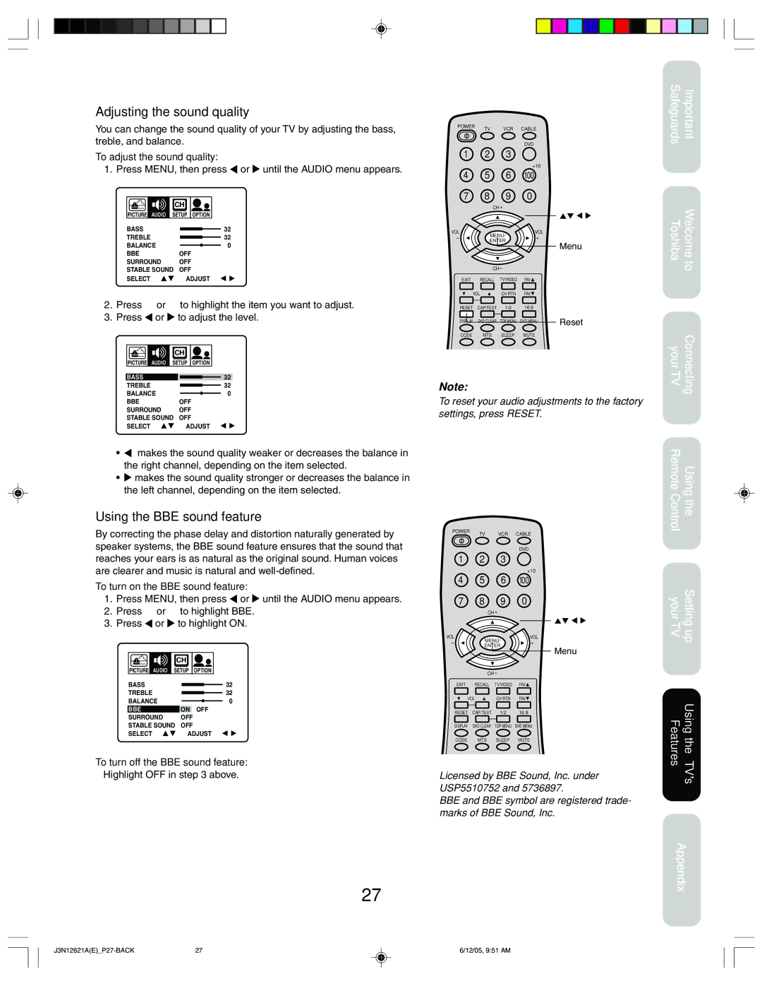 Toshiba 27AF46C appendix Adjusting the sound quality, Using the BBE sound feature, To adjust the sound quality 