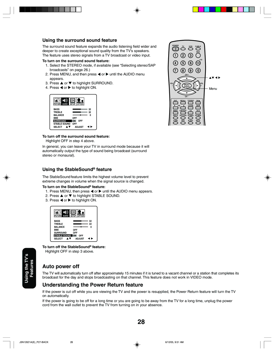 Toshiba 27AF46C appendix Auto power off, Understanding the Power Return feature, Using the surround sound feature 