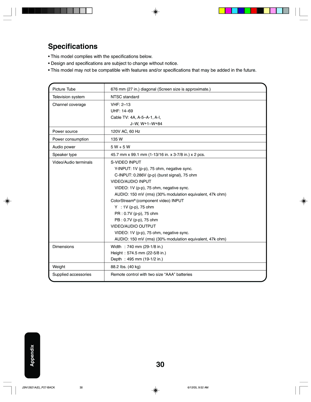 Toshiba 27AF46C appendix Specifications 