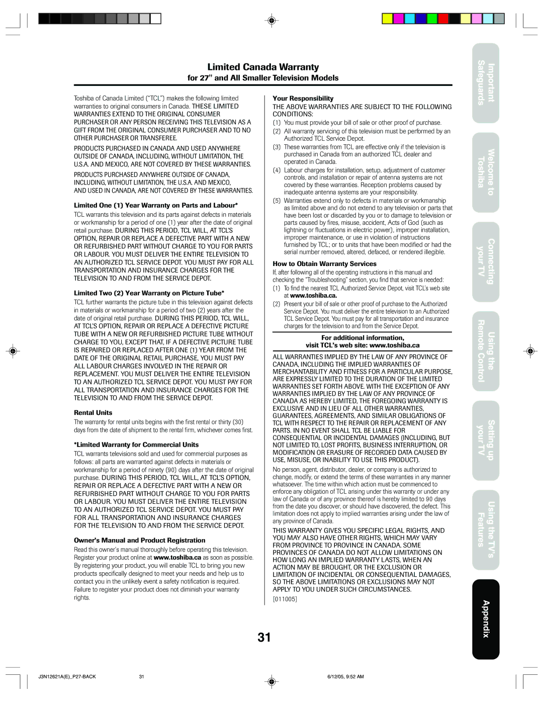 Toshiba 27AF46C appendix Limited Canada Warranty 