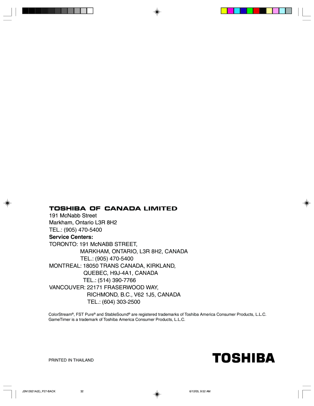 Toshiba 27AF46C appendix Service Centers 