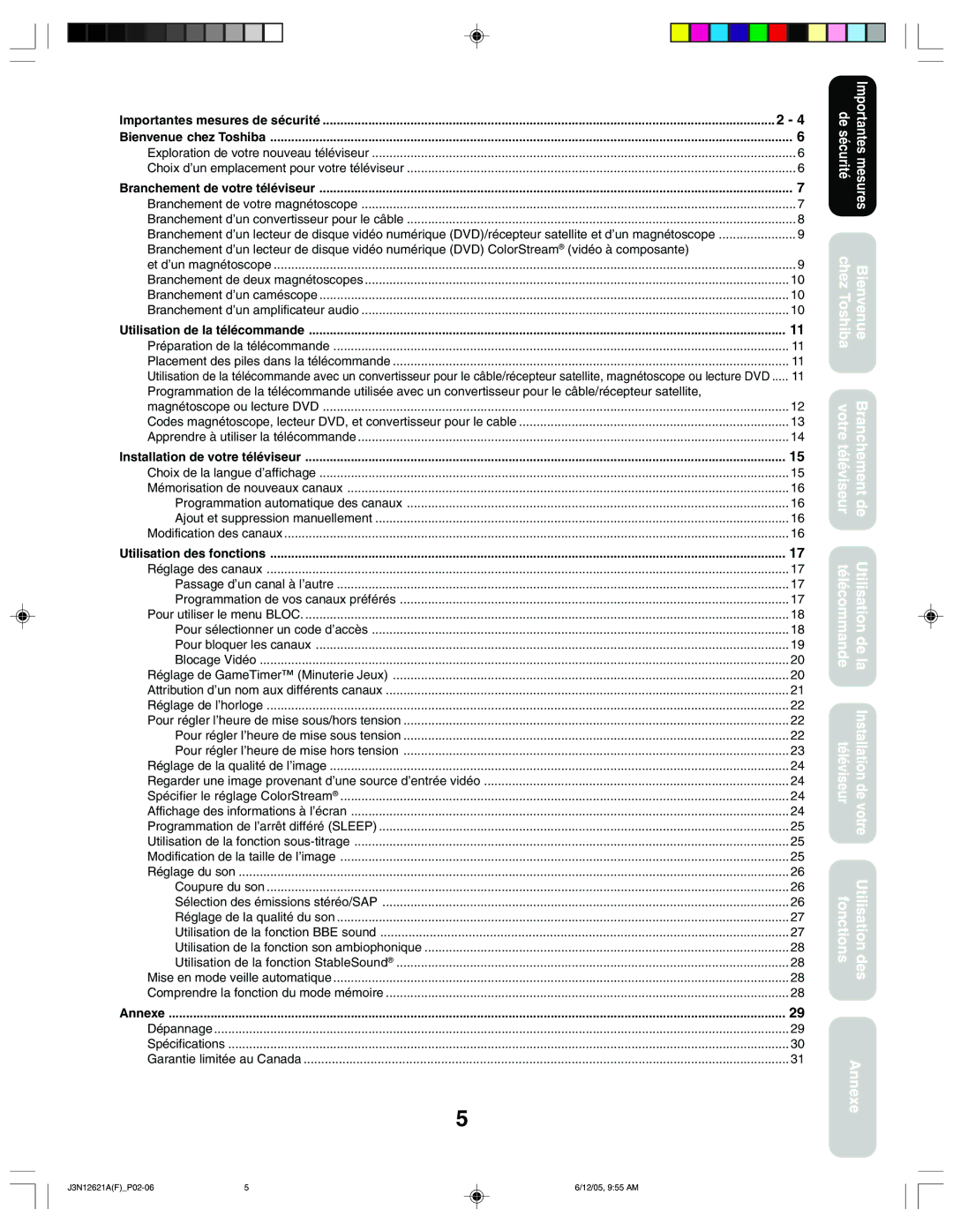 Toshiba 27AF46C appendix Importantes mesures de sécurité Bienvenue chez Toshiba, Branchement de votre téléviseur, Annexe 